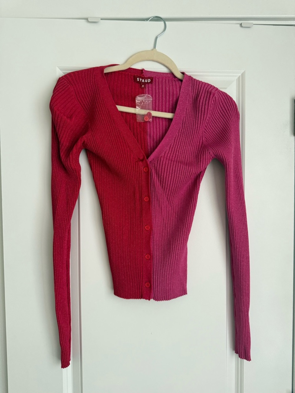 STAUD Two-Tone Ribbed V-Neck Cardigan in Red & Pink
